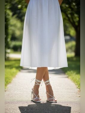 Wild Pair Santiago white ankle wrap w/clear wedge, thong sandal size 9.5 NEW